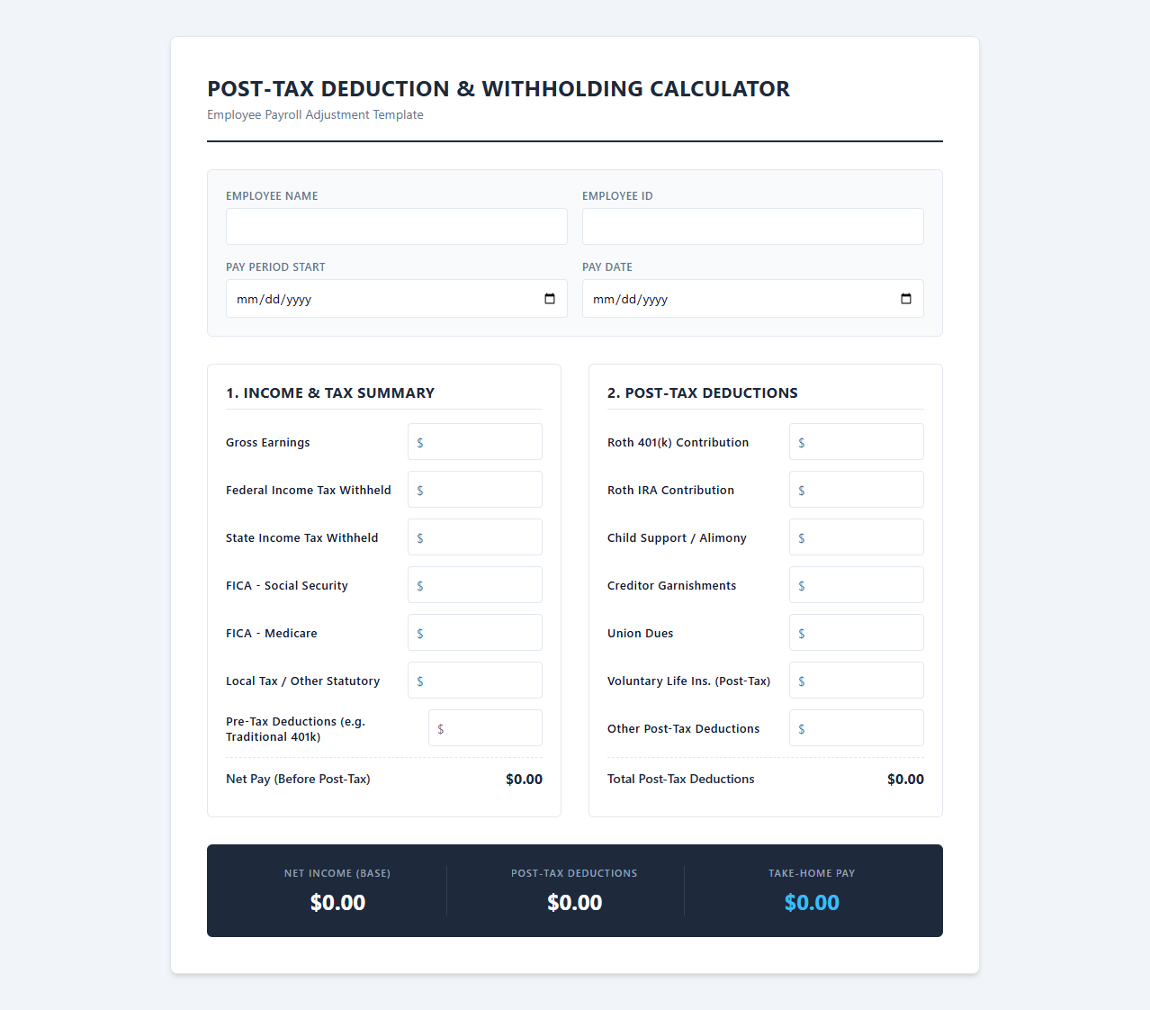 Post-Tax Employee Deduction Calculator Template
