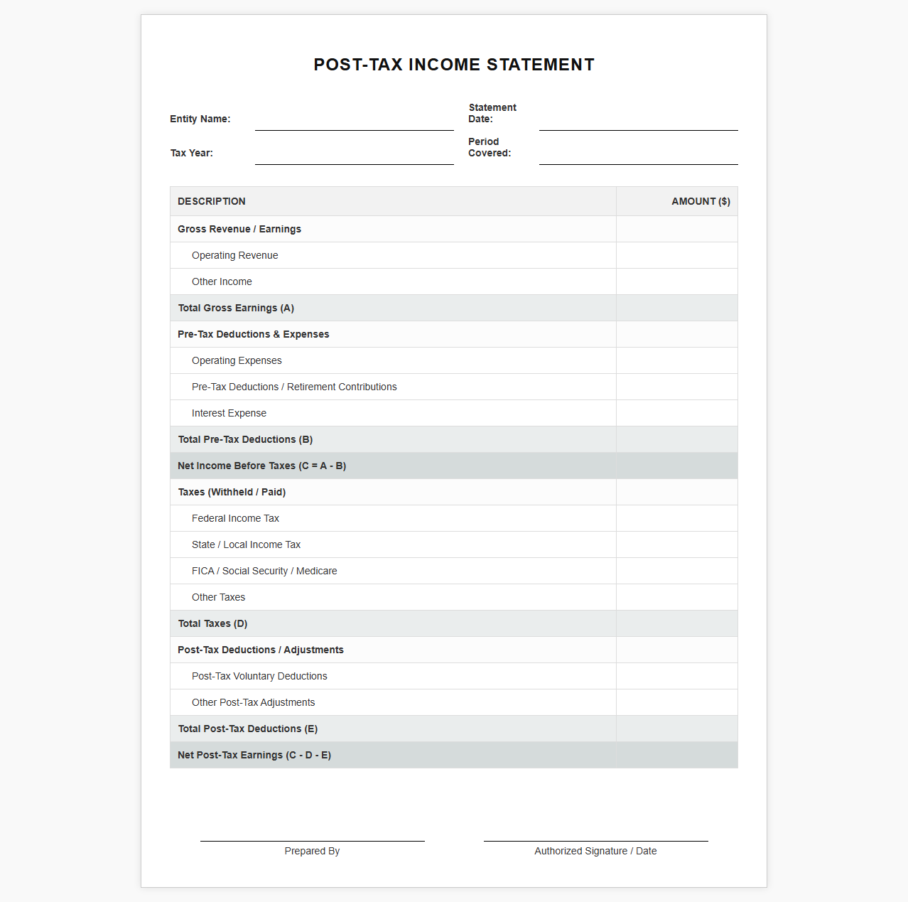 Post-Tax Income Statement Template