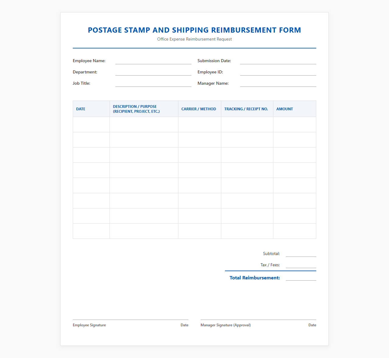 Postage Stamp and Shipping Reimbursement Form