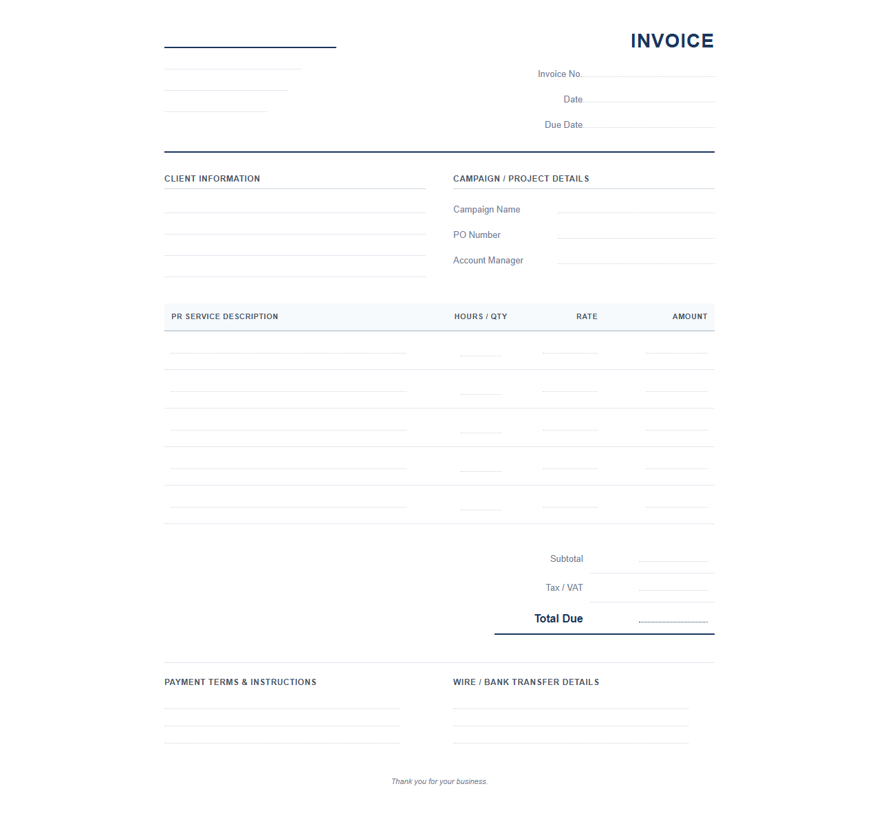 PR Agency Services Invoice Template