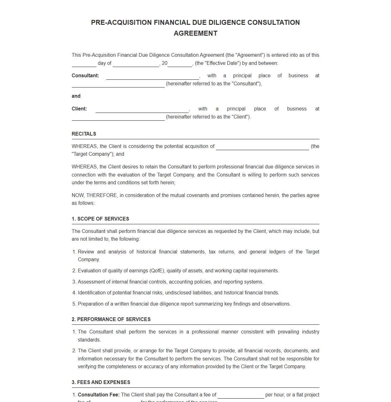 Pre-Acquisition Financial Due Diligence Consultation Agreement