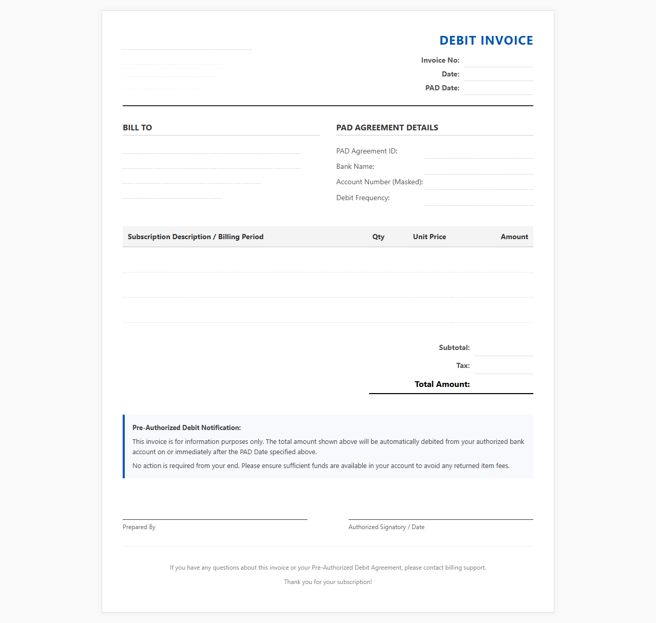Pre-Authorized Debit Monthly Subscription Invoice Template