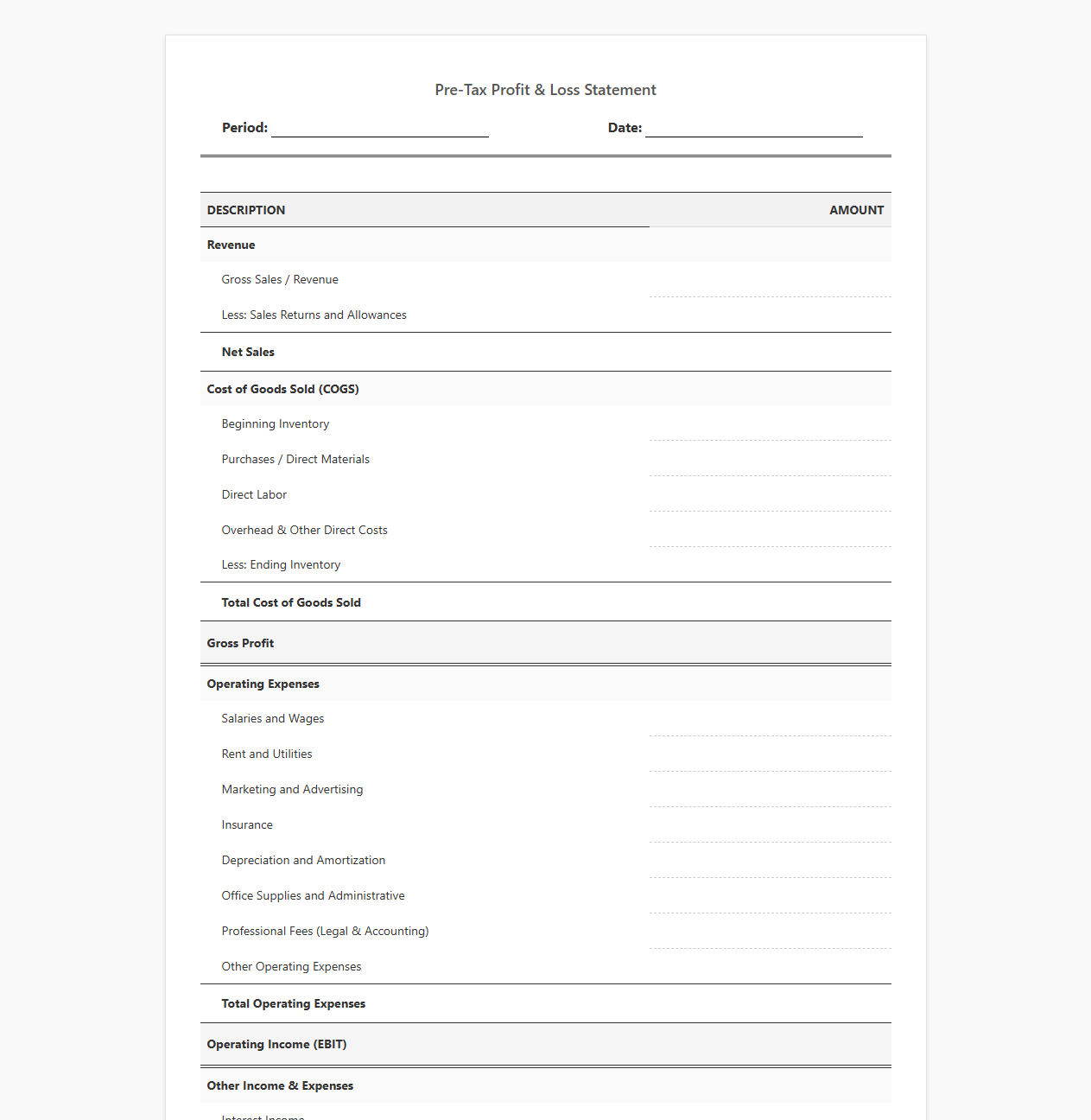 Pre-Tax Profit and Loss Statement Format