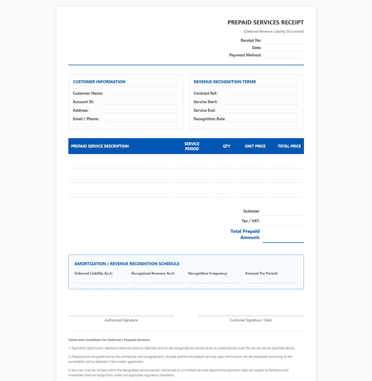 Prepaid Services Deferred Revenue Receipt Template