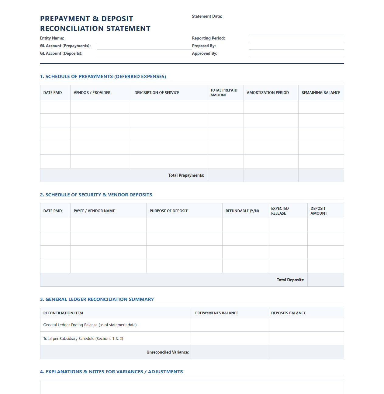 Prepayment and Deposit Reconciliation Statement