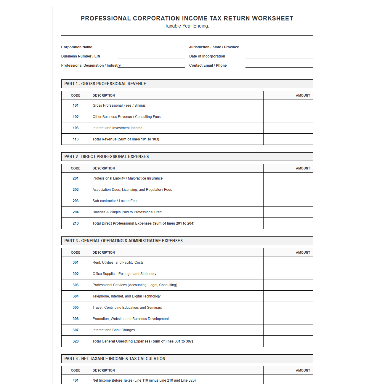 Professional Corporation Income Tax Return Worksheet