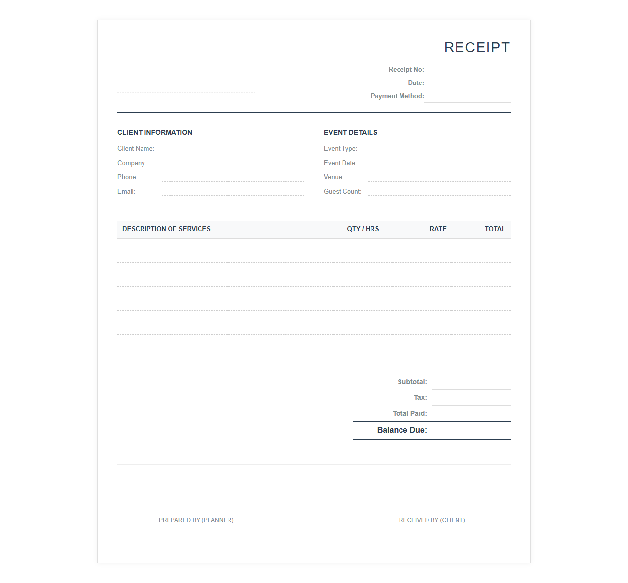 Professional Event Planning Services Receipt