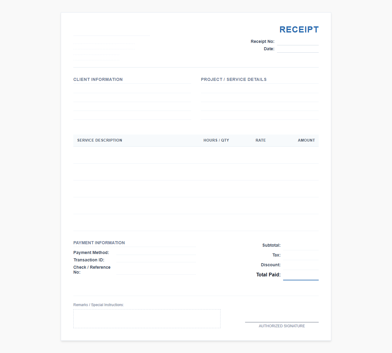 Professional Service Sales Receipt Template