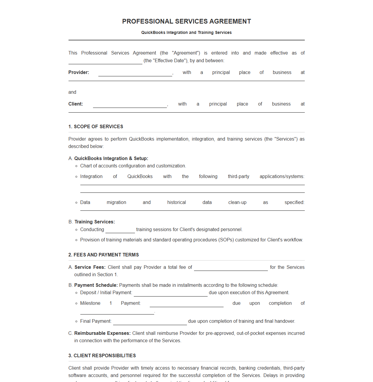 Professional Services Agreement for QuickBooks Integration and Training