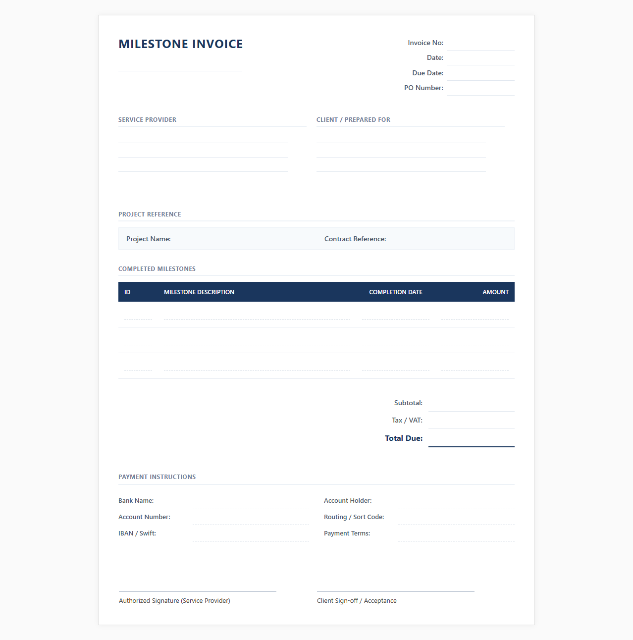 Professional Services Milestone Completion Invoice