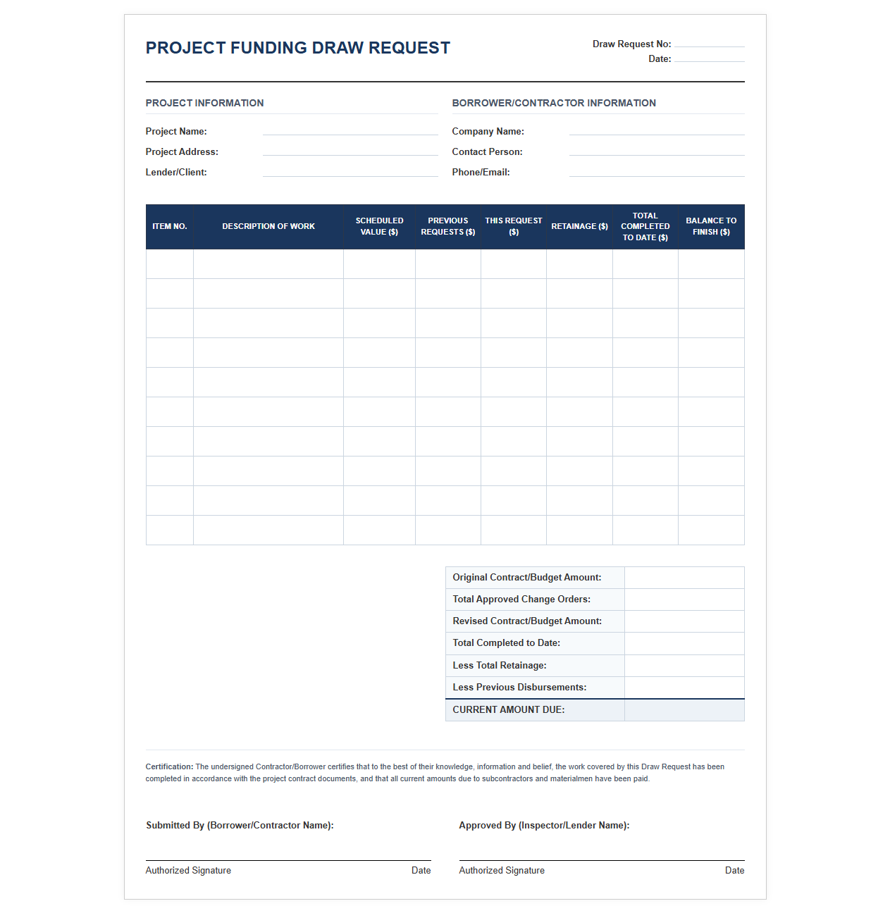 Project Funding Draw Request Invoice
