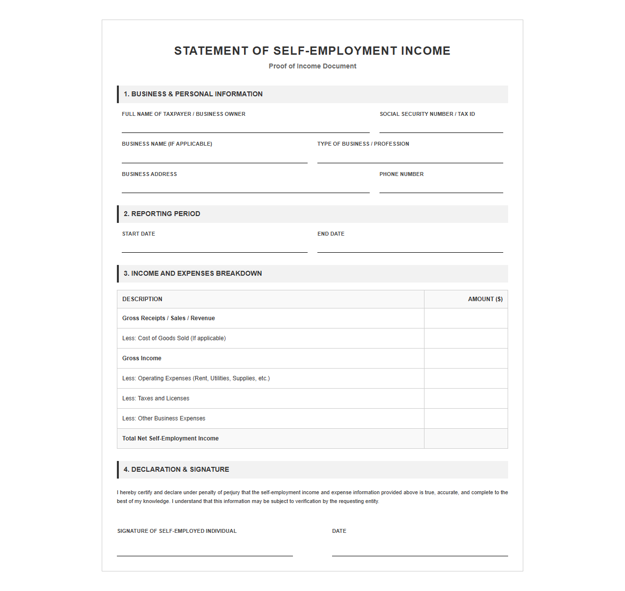 Proof of Self-Employment Income Form