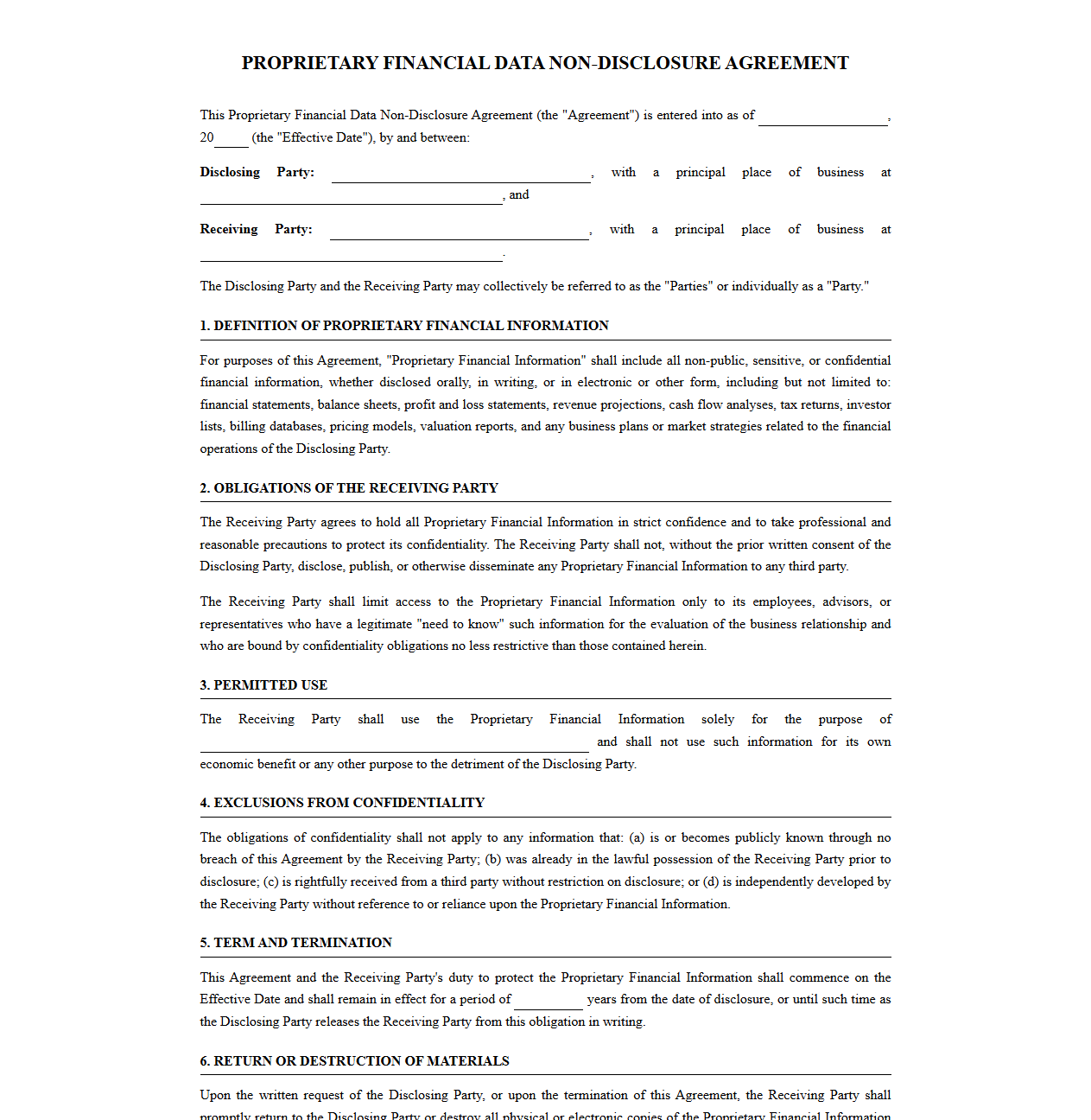 Proprietary Financial Data Non-Disclosure Agreement Template