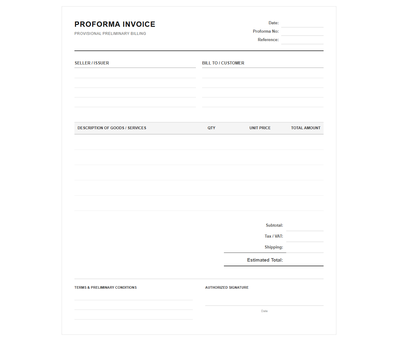 Provisional Proforma Invoice Template
