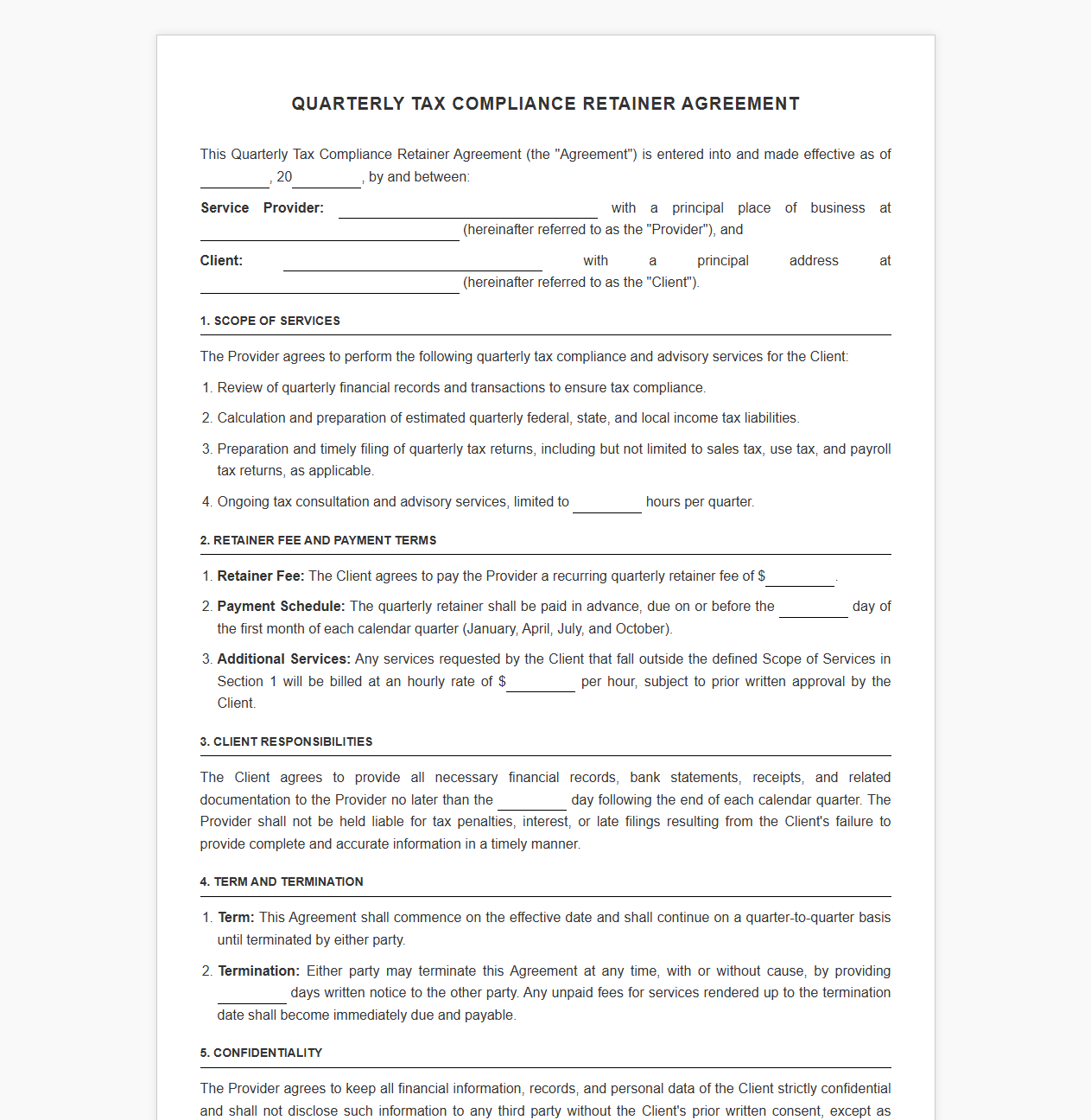 Quarterly Tax Compliance Retainer Agreement Template