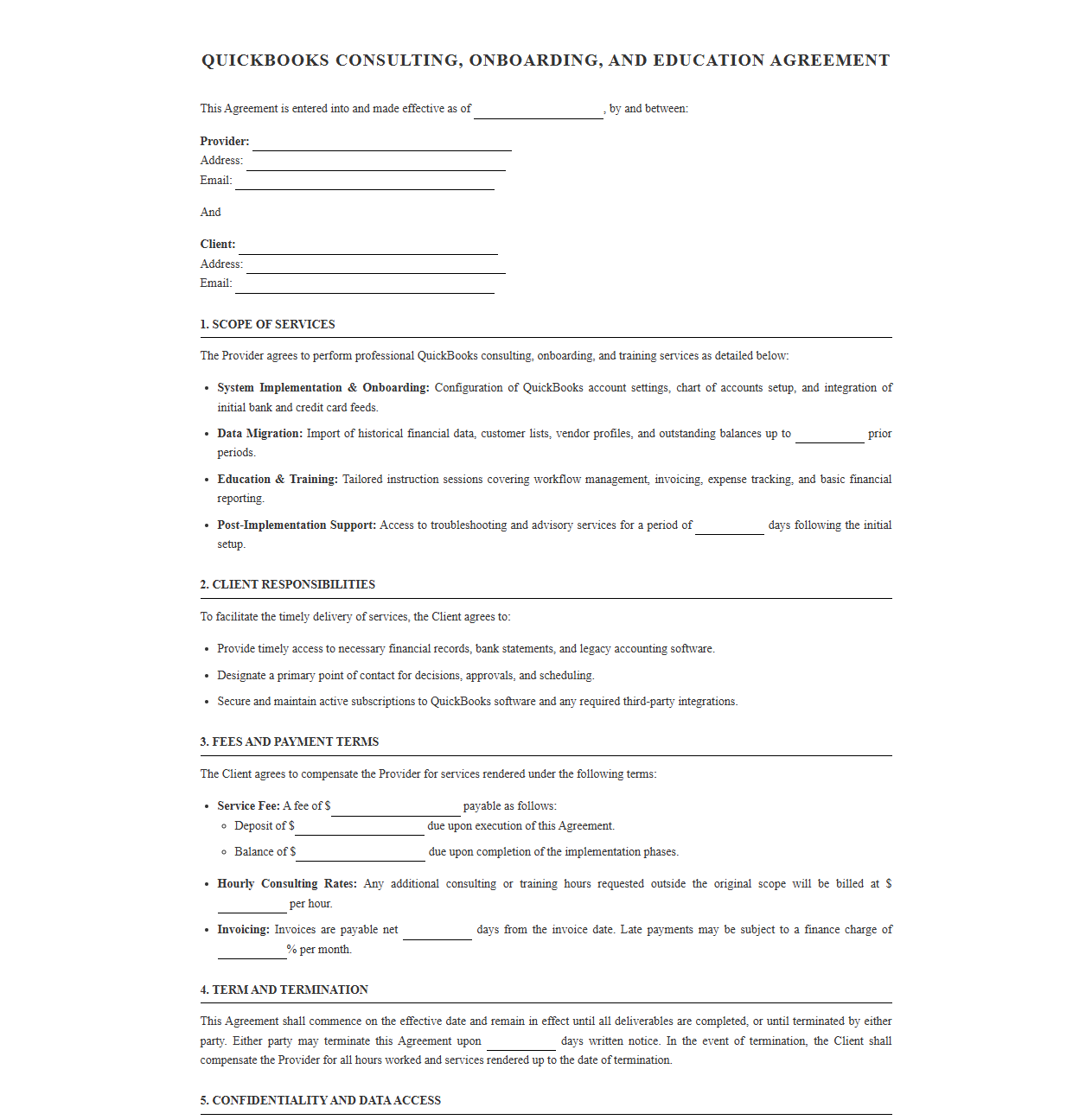 QuickBooks Consulting, Onboarding, and Education Agreement