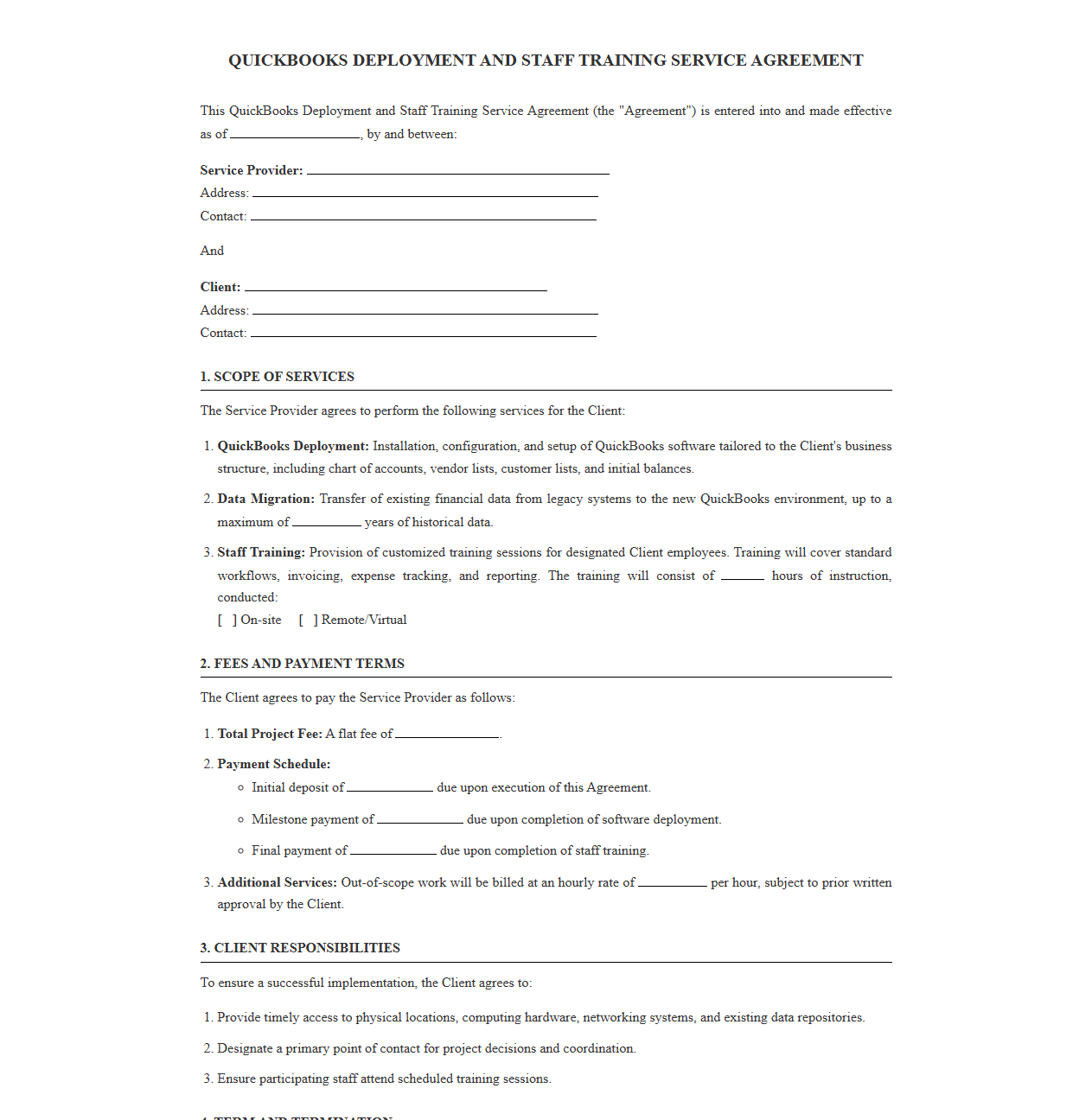 QuickBooks Deployment and Staff Training Service Agreement