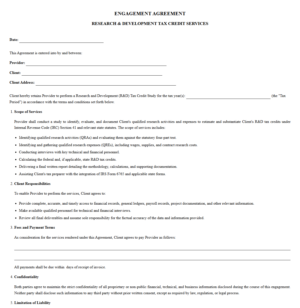 R&D Tax Credit Study Engagement Letter