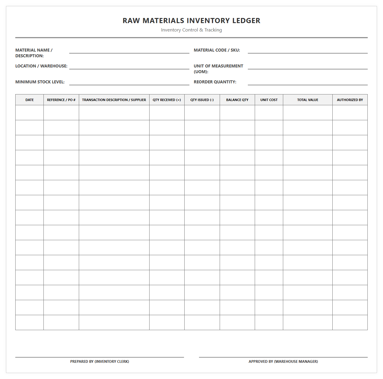Raw Materials Inventory Ledger Template