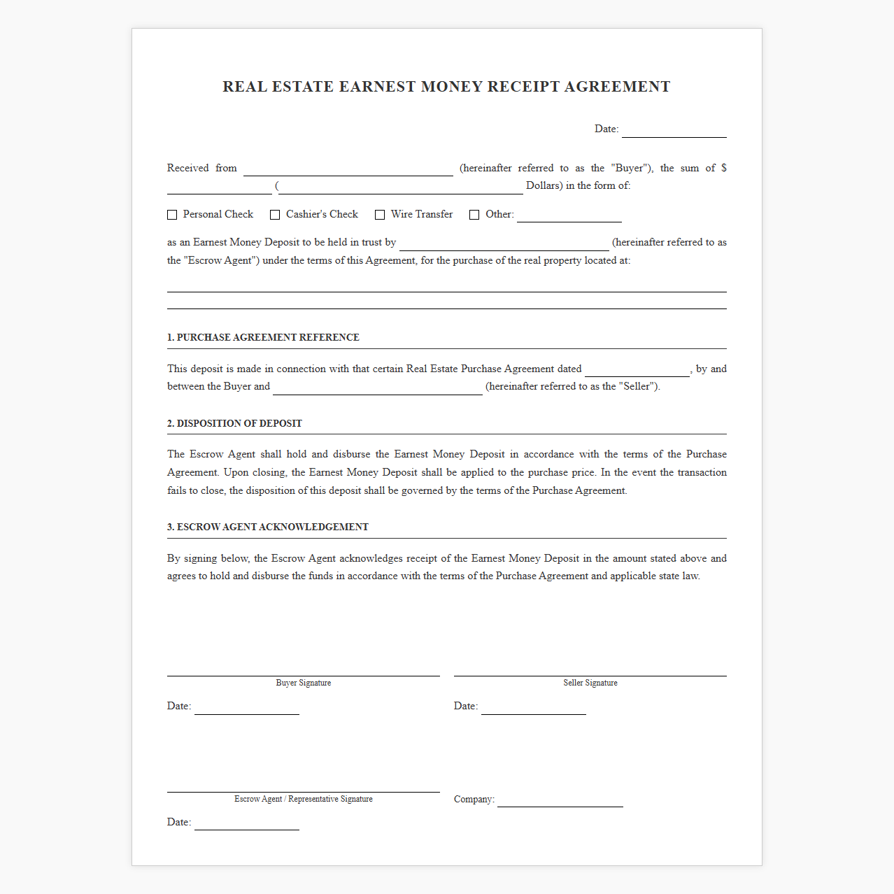 Real Estate Earnest Money Receipt Agreement
