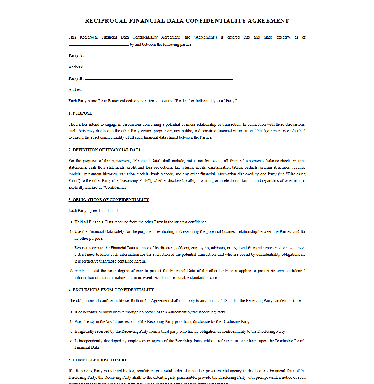 Reciprocal Financial Data Confidentiality Agreement Template
