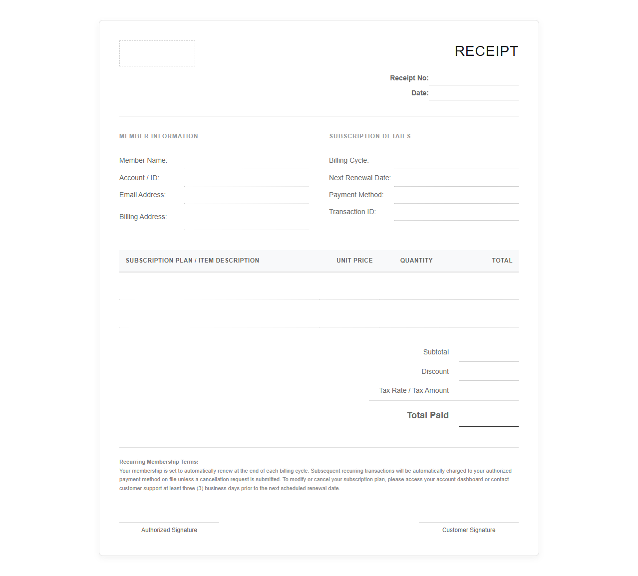 Recurring Membership Sales Receipt