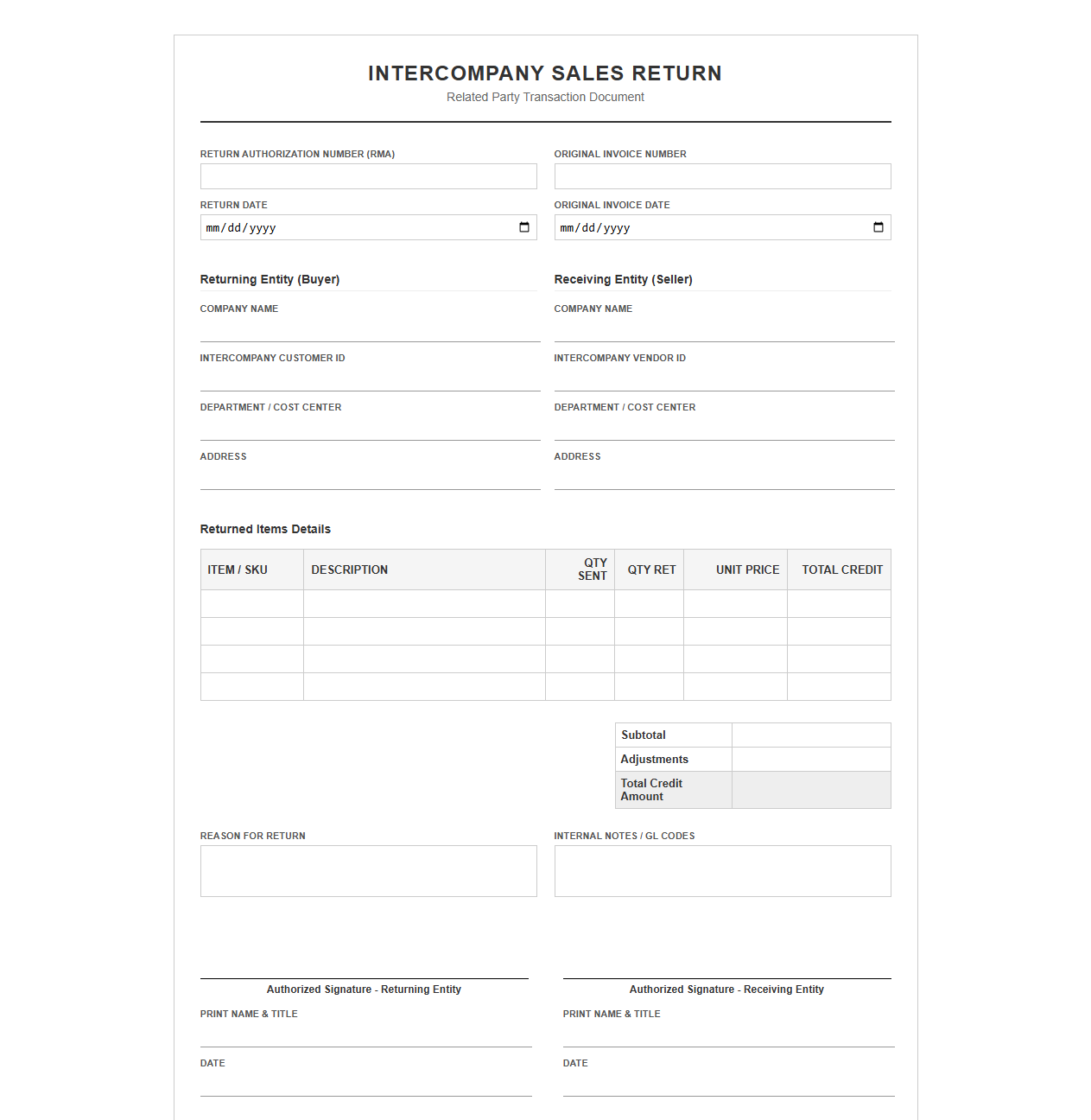 Related Party Sales Return Template