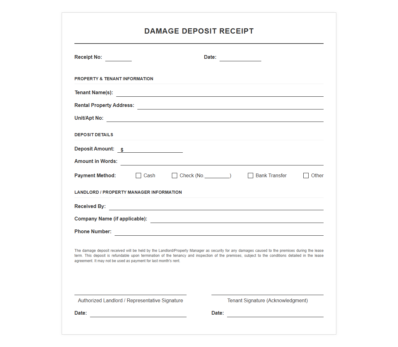 Rental Property Damage Deposit Receipt