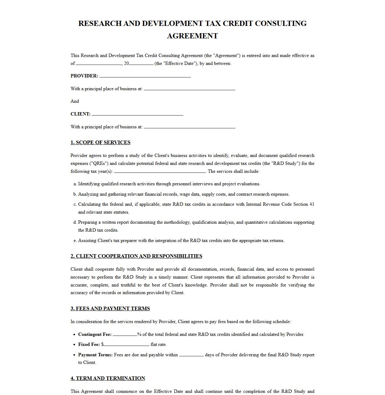 Research and Development Tax Credit Consulting Agreement