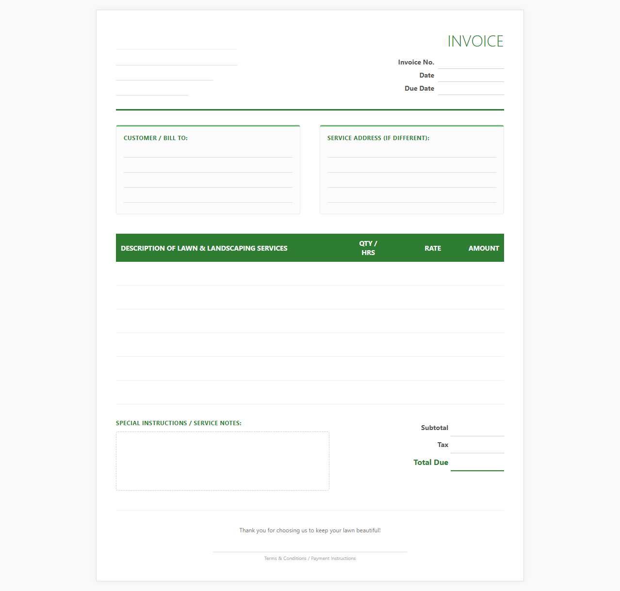 Residential Lawn Service Invoice Template