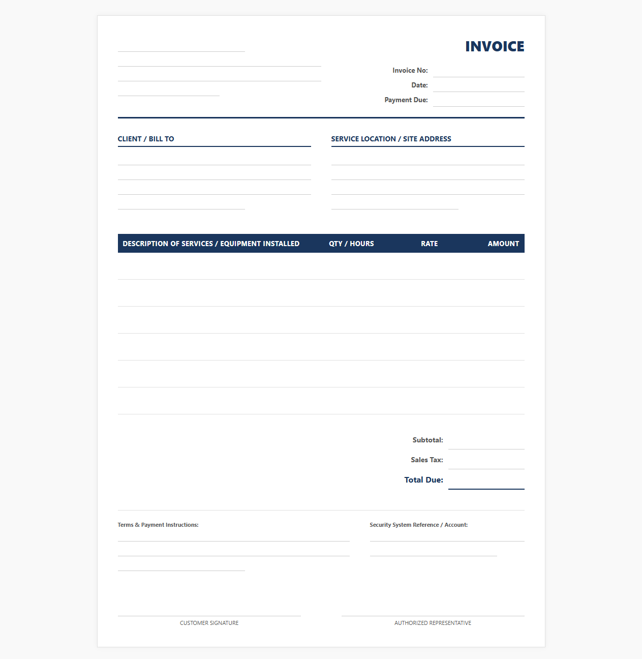 Residential Security and Surveillance Services Invoice