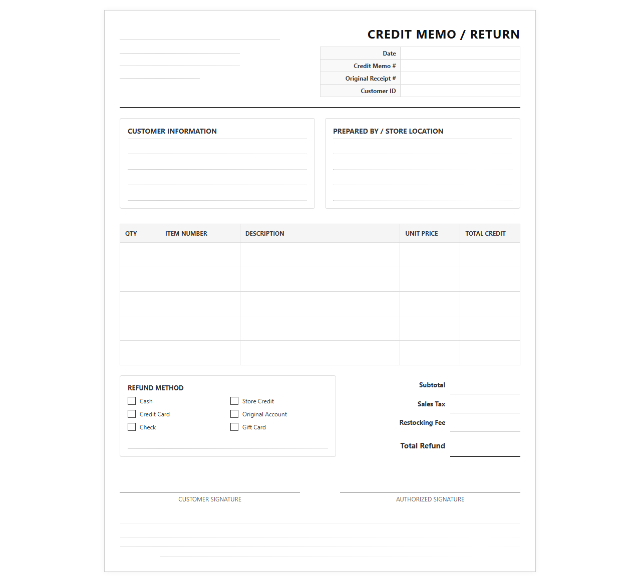 Retail Sales Return Receipt and Credit Memo Template