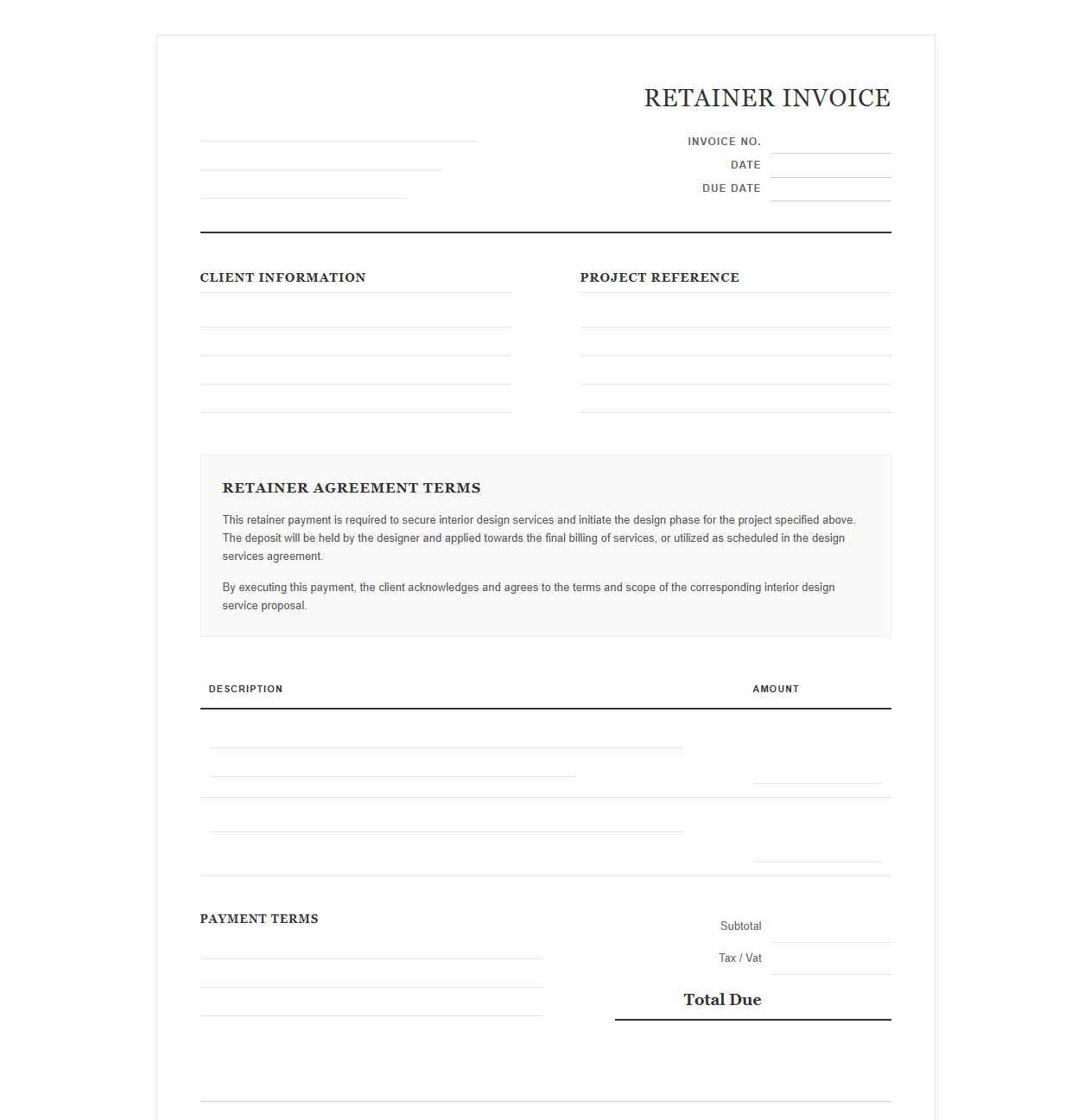 Retainer Agreement Invoice for Interior Designers