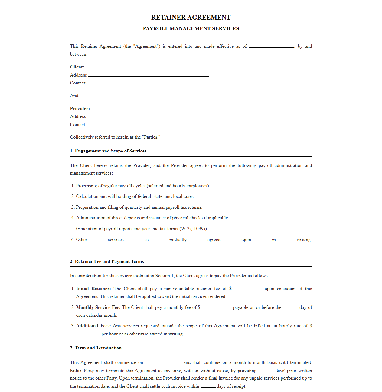 Retainer Agreement for Payroll Management Services