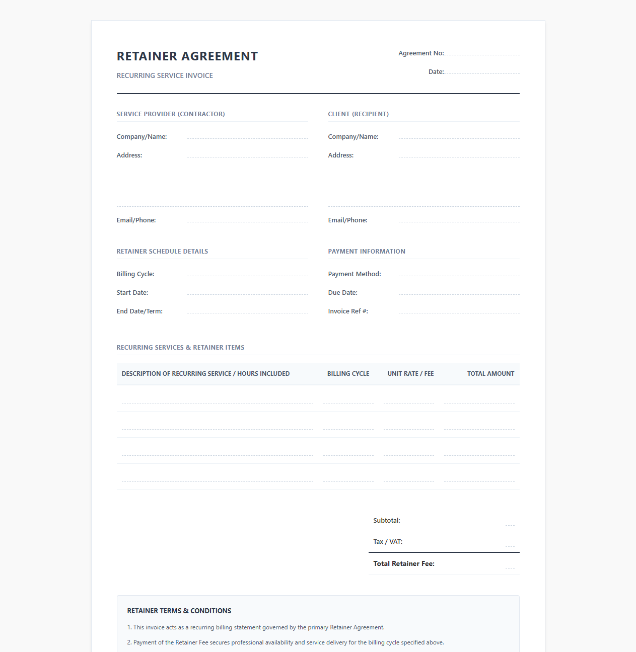 Retainer Agreement Recurring Invoice Template