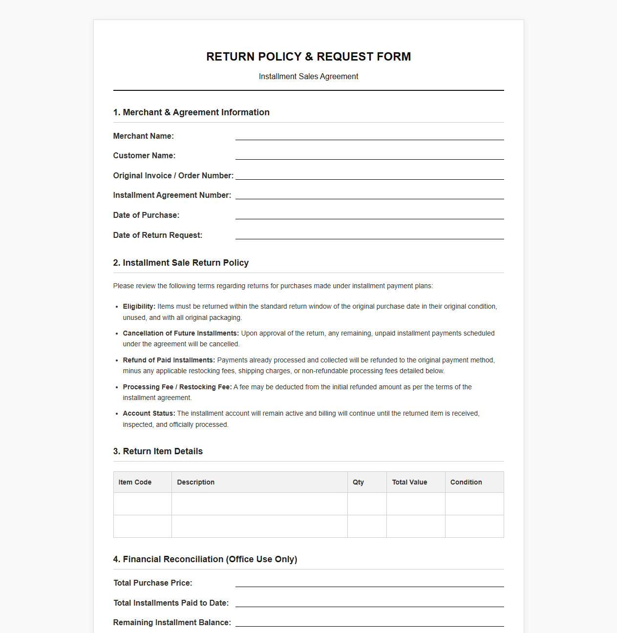 Return Policy Template for Installment Purchases