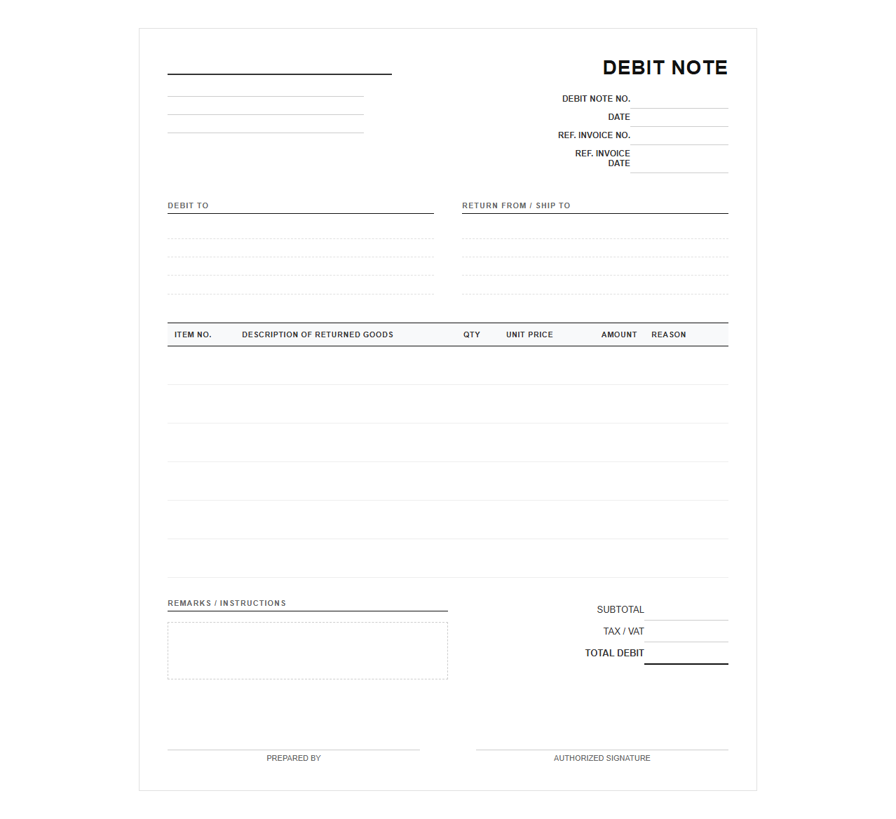 Returned Goods Debit Note Template