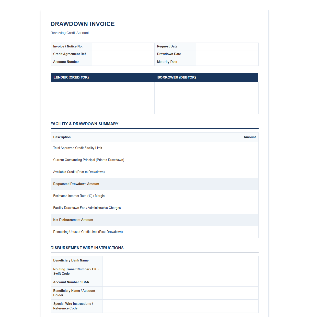 Revolving Credit Account Drawdown Invoice