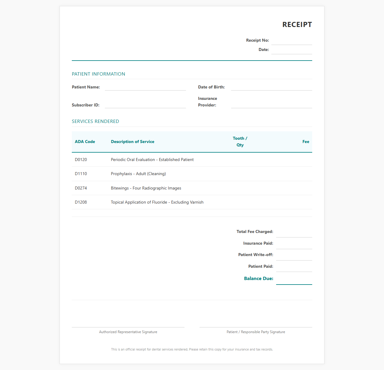 Routine Dental Cleaning and Exam Receipt