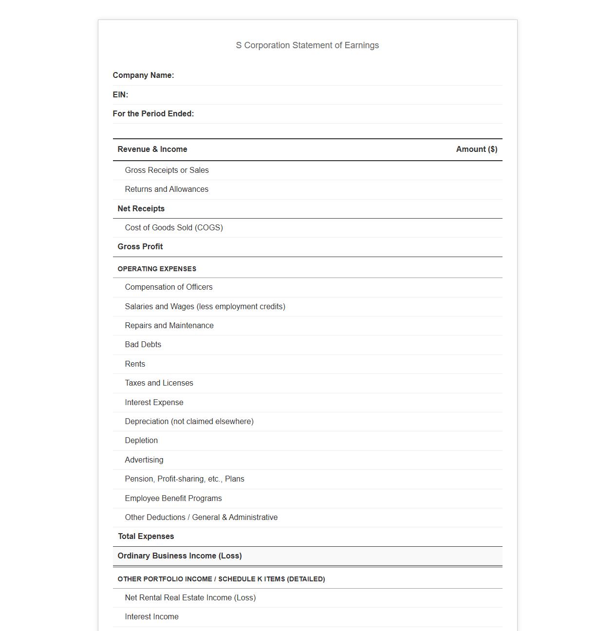 S Corp Net Income Statement Template