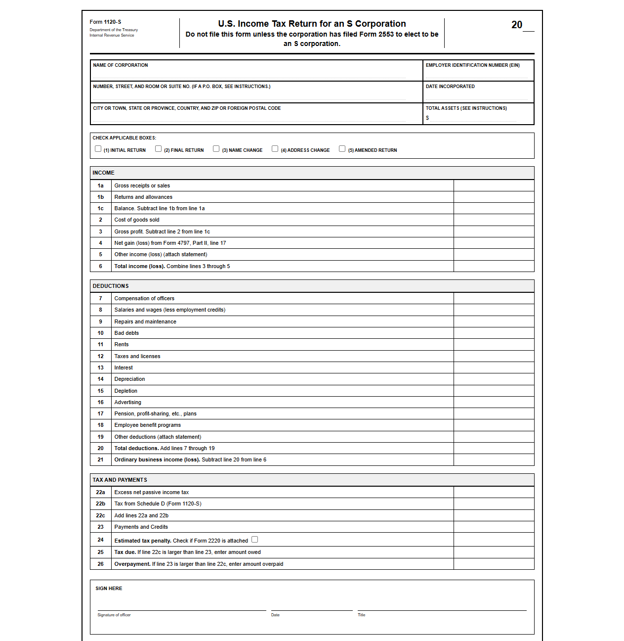 S Corporation Federal Tax Return Template