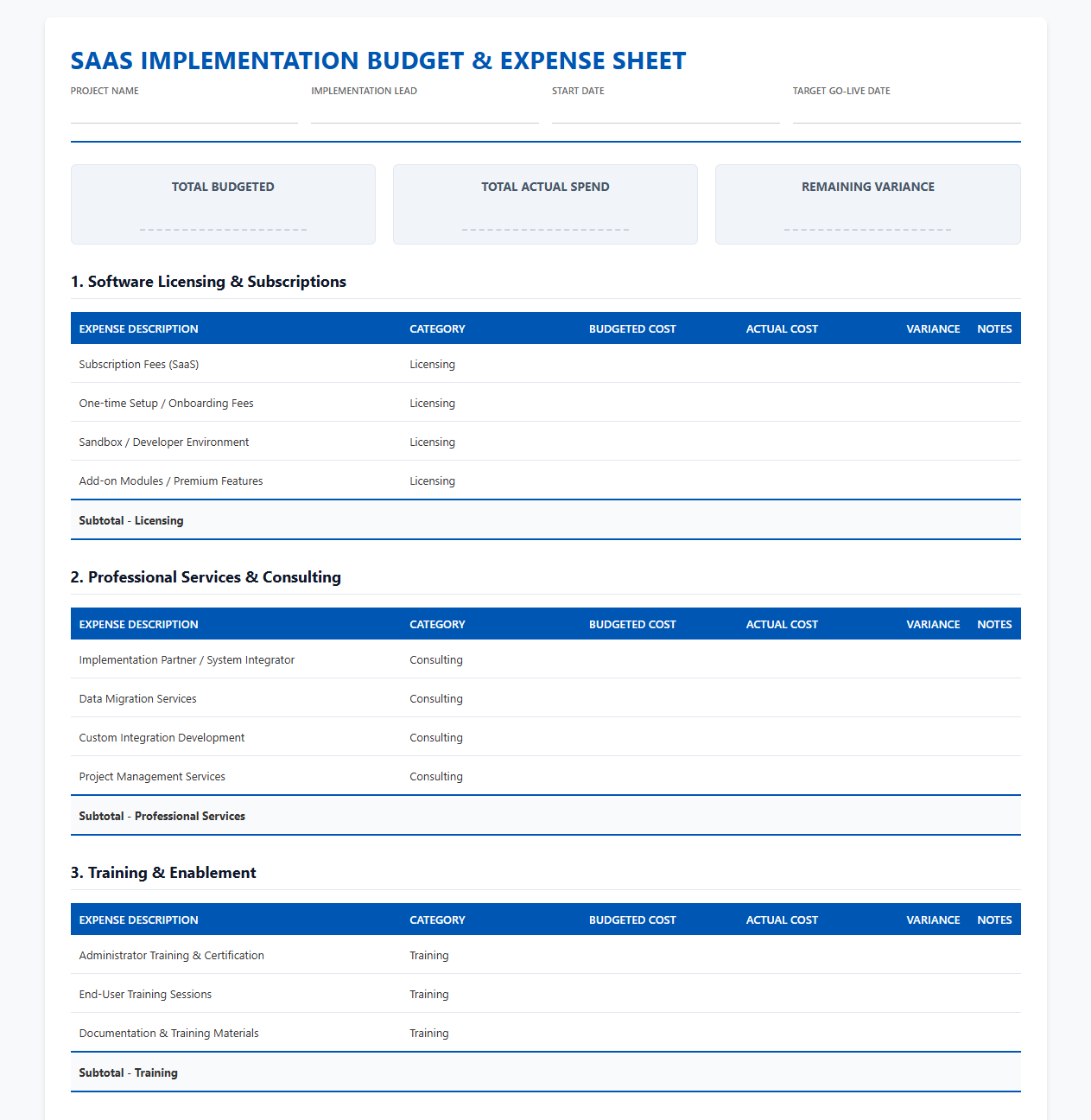 SaaS Implementation Budget and Expense Sheet