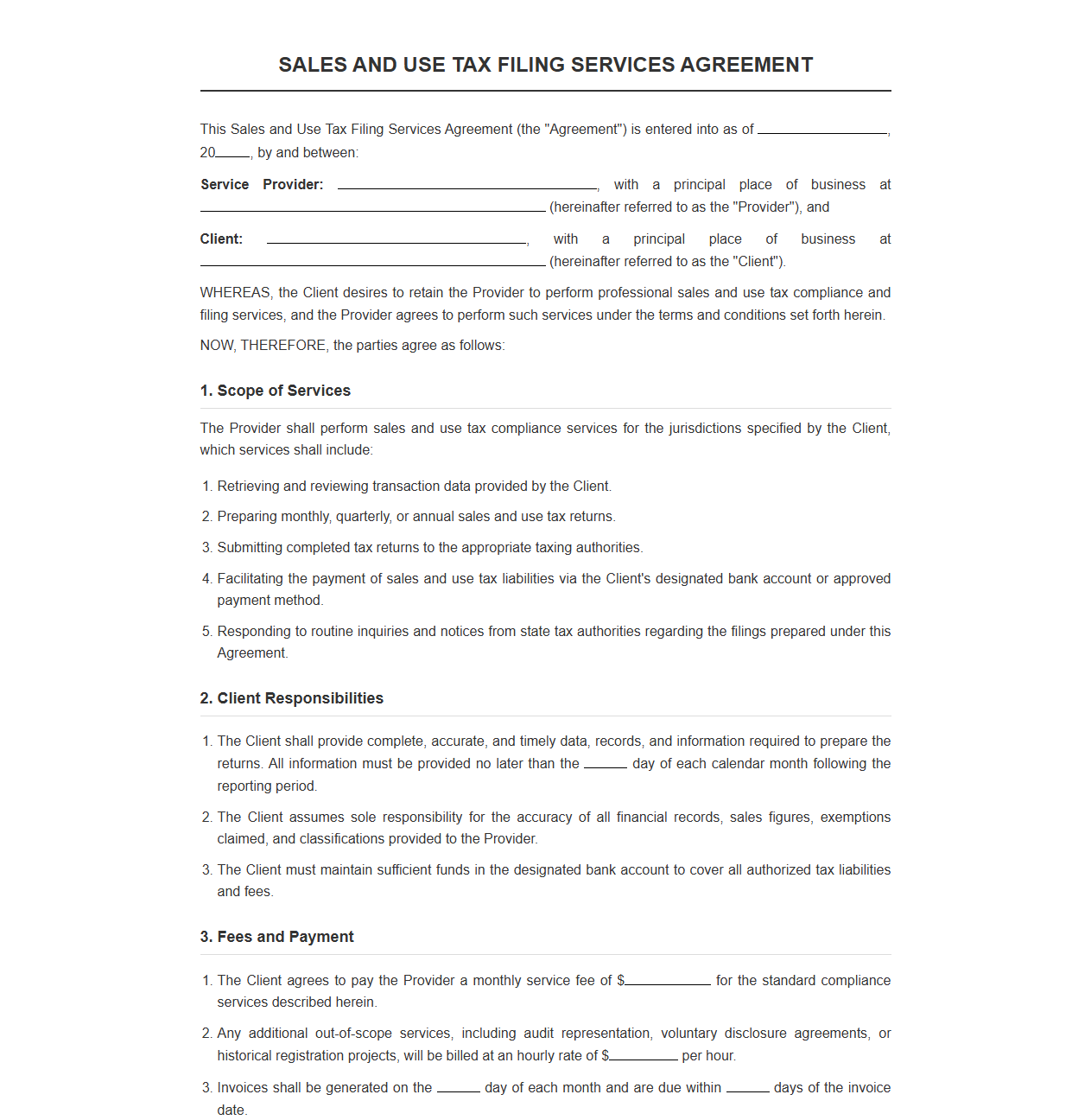 Sales and Use Tax Filing Services Agreement