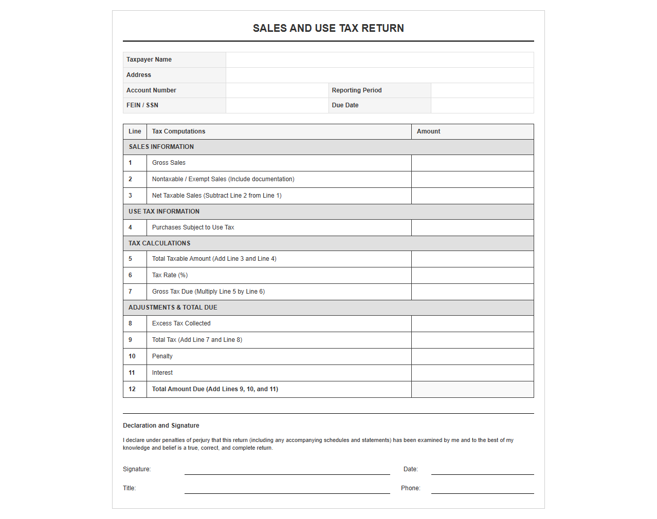 Sales and Use Tax Return Template