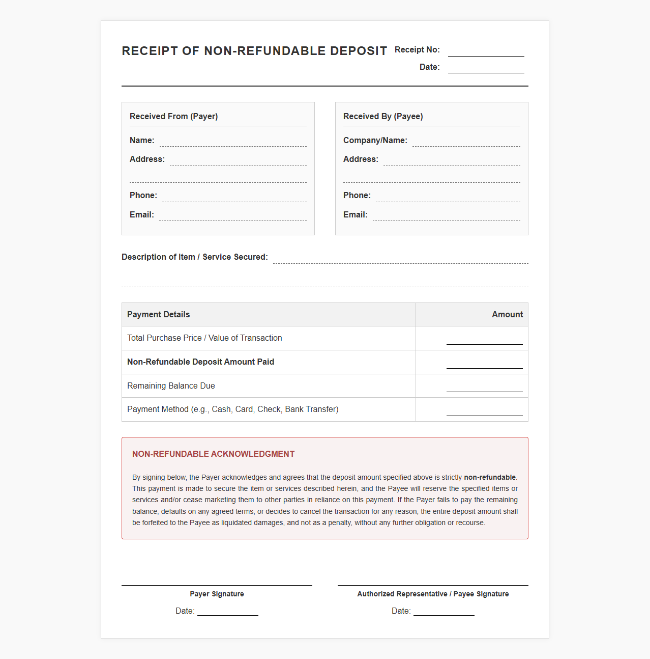 Securing Deposit Non-Refundable Receipt