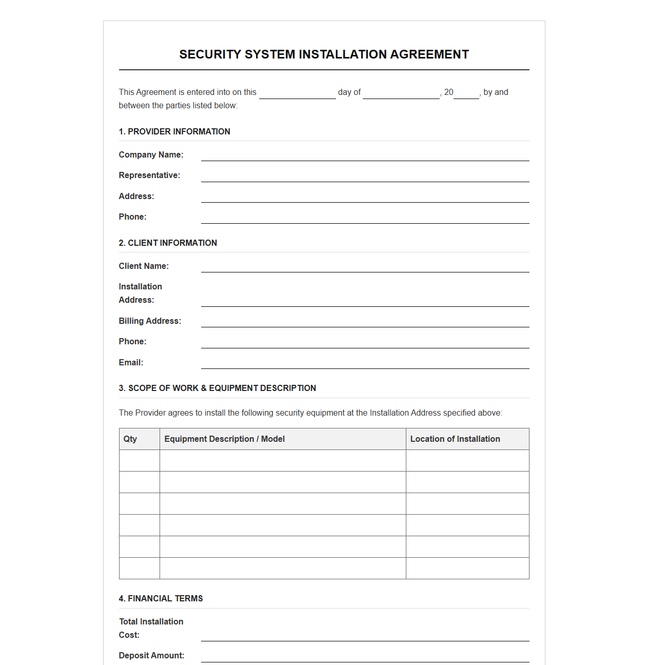 Security System Installation Agreement Template