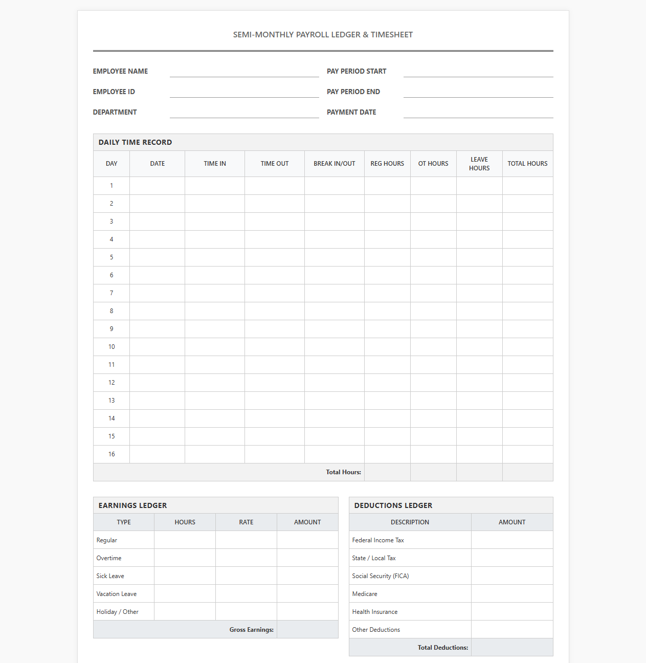 Semi-Monthly Payroll Ledger and Timesheet Form
