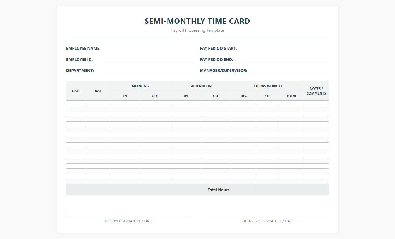 Semi-Monthly Time Card Template for Payroll Processing