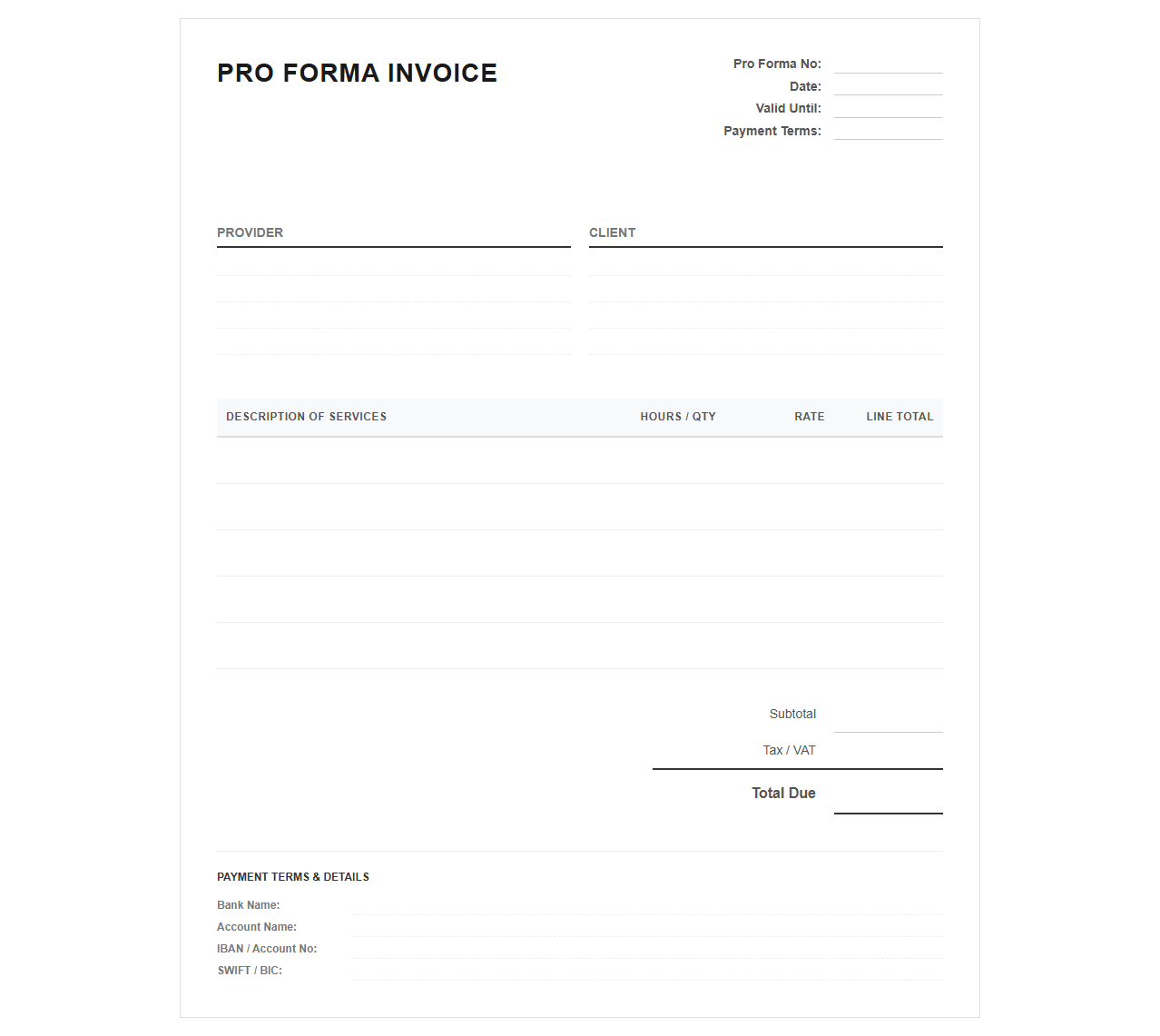 Service-Based Pro Forma Invoice Template