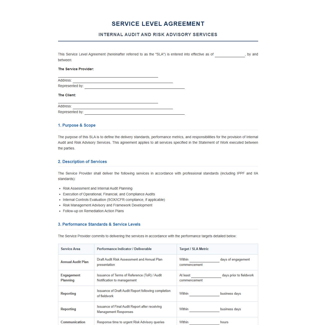 Service Level Agreement for Internal Audit and Risk Advisory